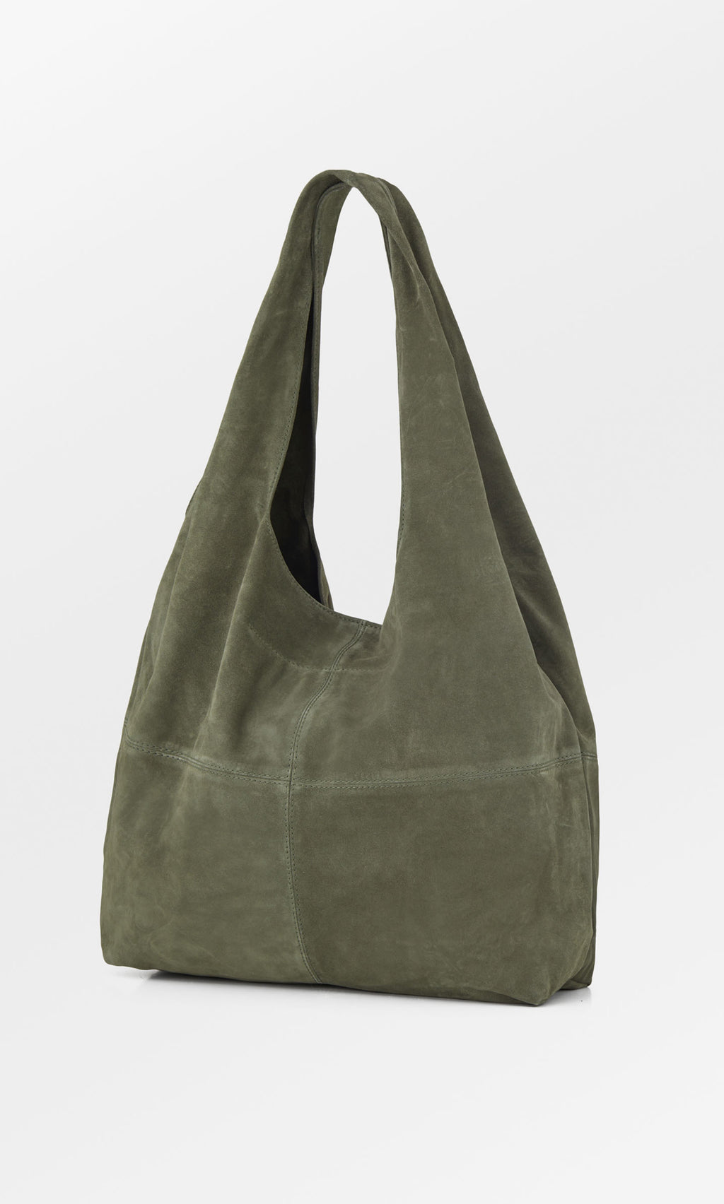 Plümo  Olivia Suede Bag in olive green with wide handles, shown slouchy against a plain white background.