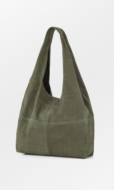 Plümo  Olivia Suede Bag in olive green with wide handles, shown slouchy against a plain white background.