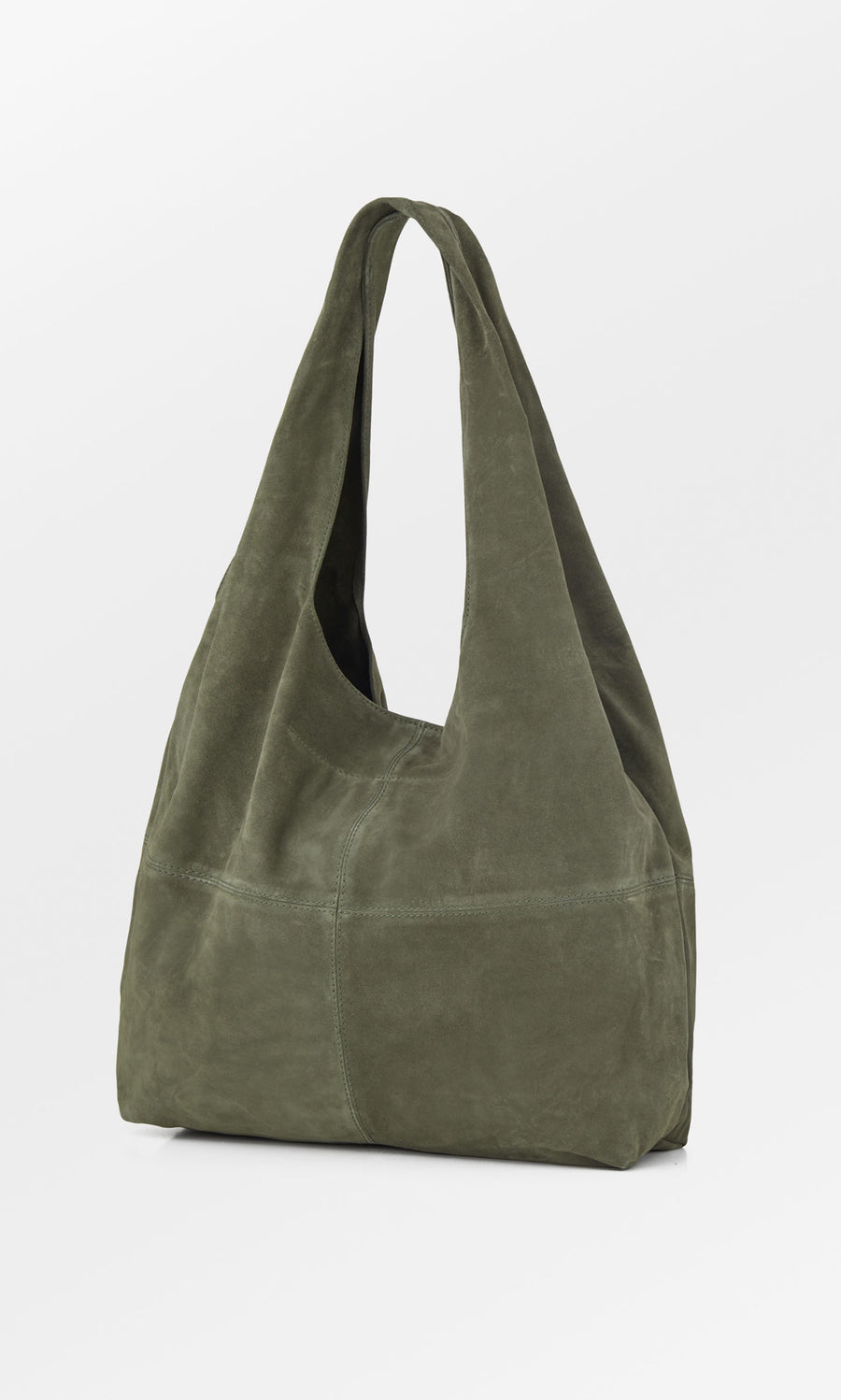 Plümo  Olivia Suede Bag in olive green with wide handles, shown slouchy against a plain white background.