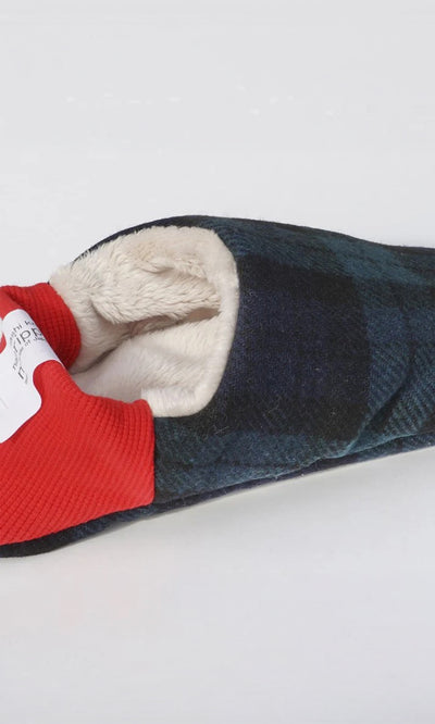 Plümo  Tartan Slippers: Plaid wool-blend, red knit trim, soft cream lining; machine washable for easy care.