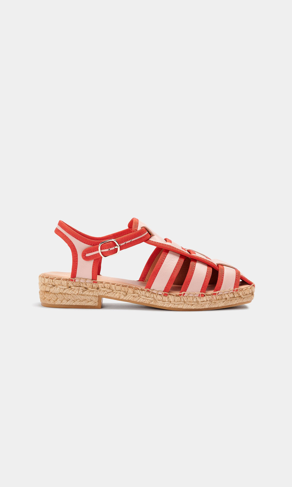 Plümo- Cordoba Espadrilles: red and pink leather sandals with jute sole, cushioned insoles, and ankle buckle, side view.