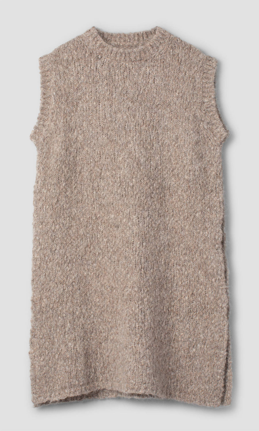 Plümo  Beige Borwick Tunic in sleeveless alpaca wool knit featuring a ribbed crew neck for effortless winter layering.