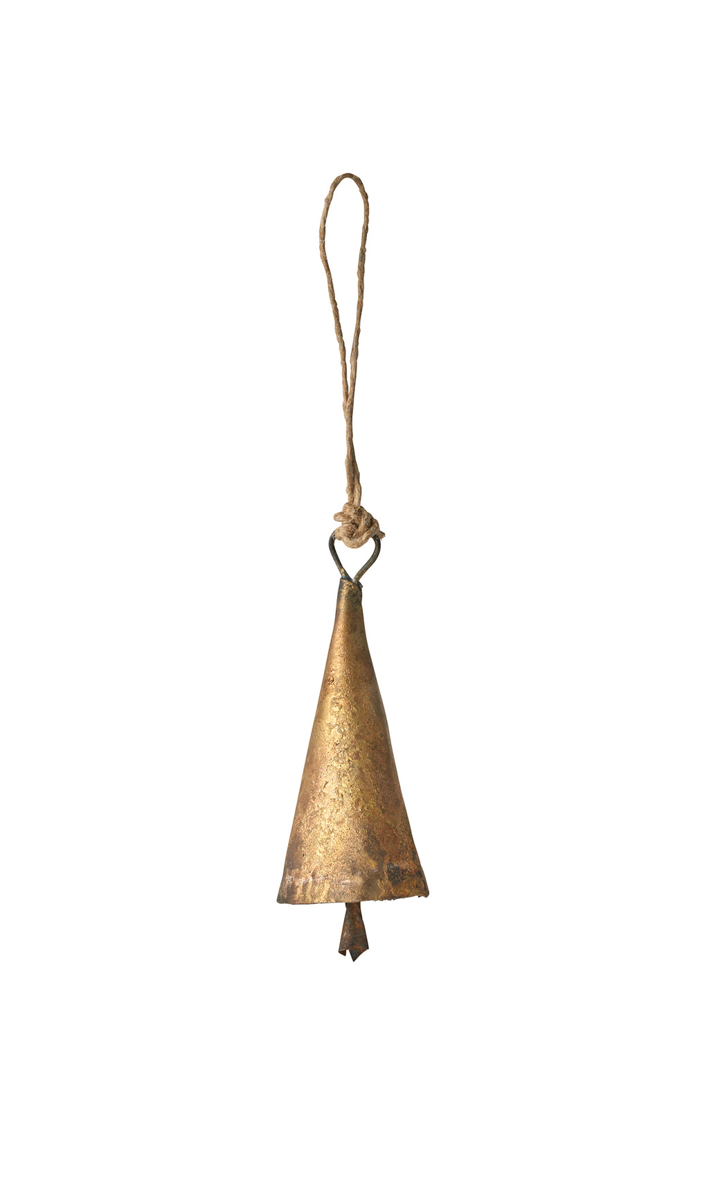 Plümo  Hanging Brass Bell - Medium: rustic, hand-cast with twine loop and gentle chime, shown on white background.