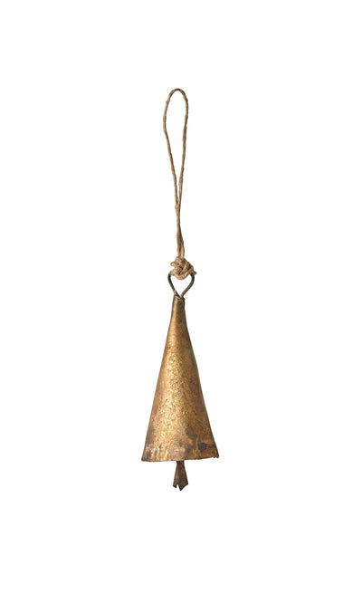 Plümo  Hanging Brass Bell - Medium: rustic, hand-cast with twine loop and gentle chime, shown on white background.
