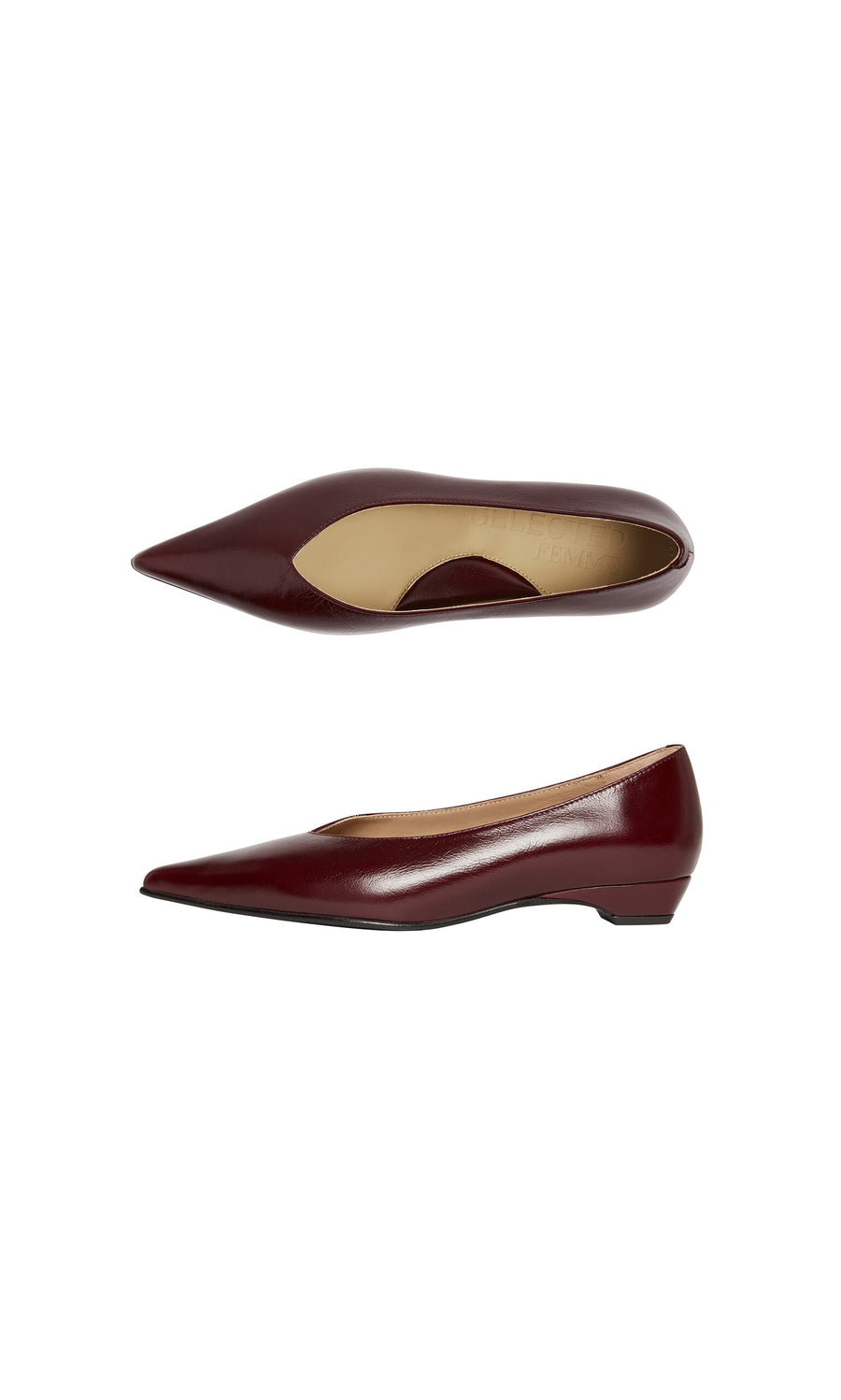 Plümo- Jan Pumps in burgundy: pointed-toe flats with low block heels, shown from side and top on a white background.