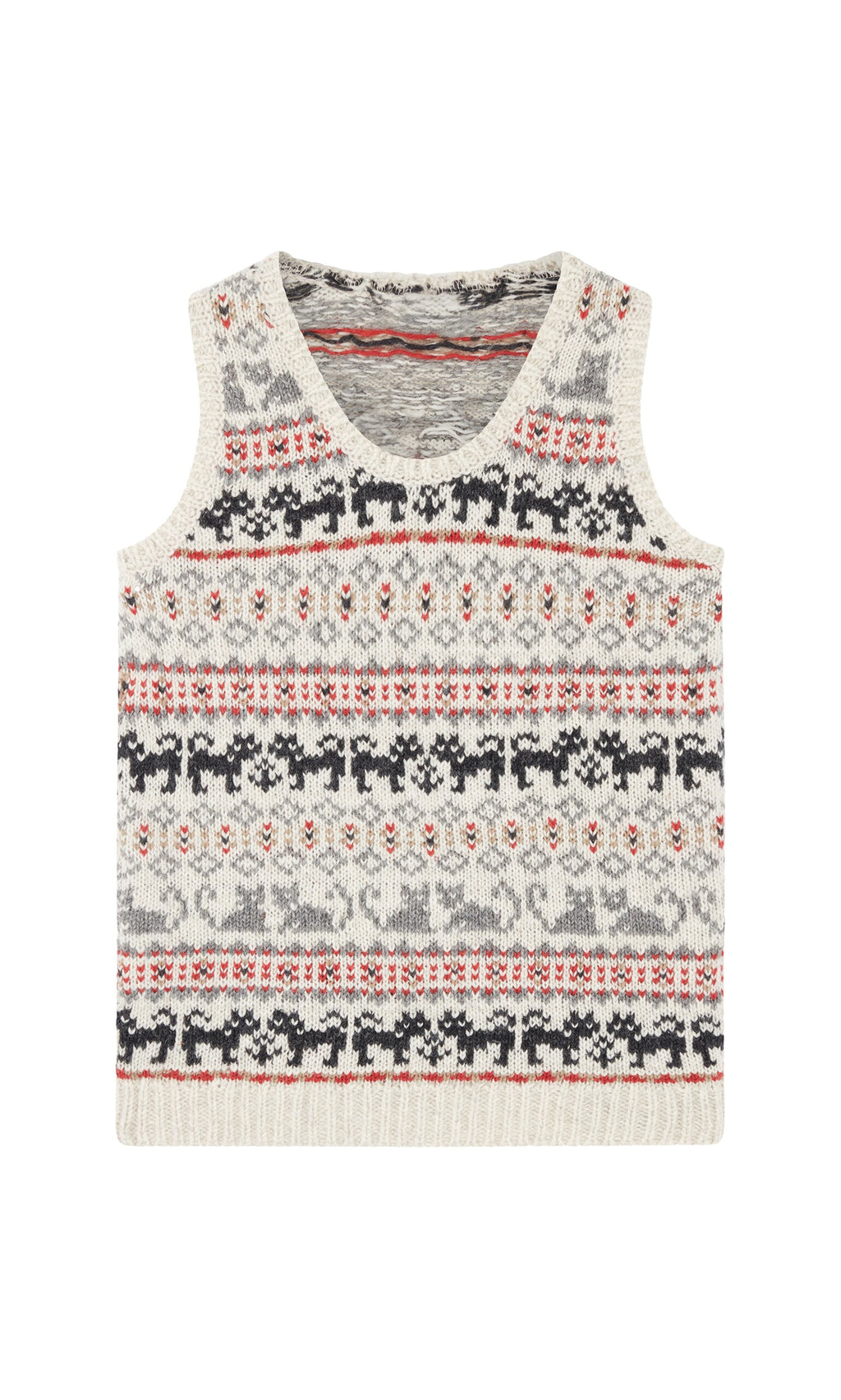 Plümo- Cat Tank Top, handknitted in Nepal with grey, red, and white animal patterns on a white background.