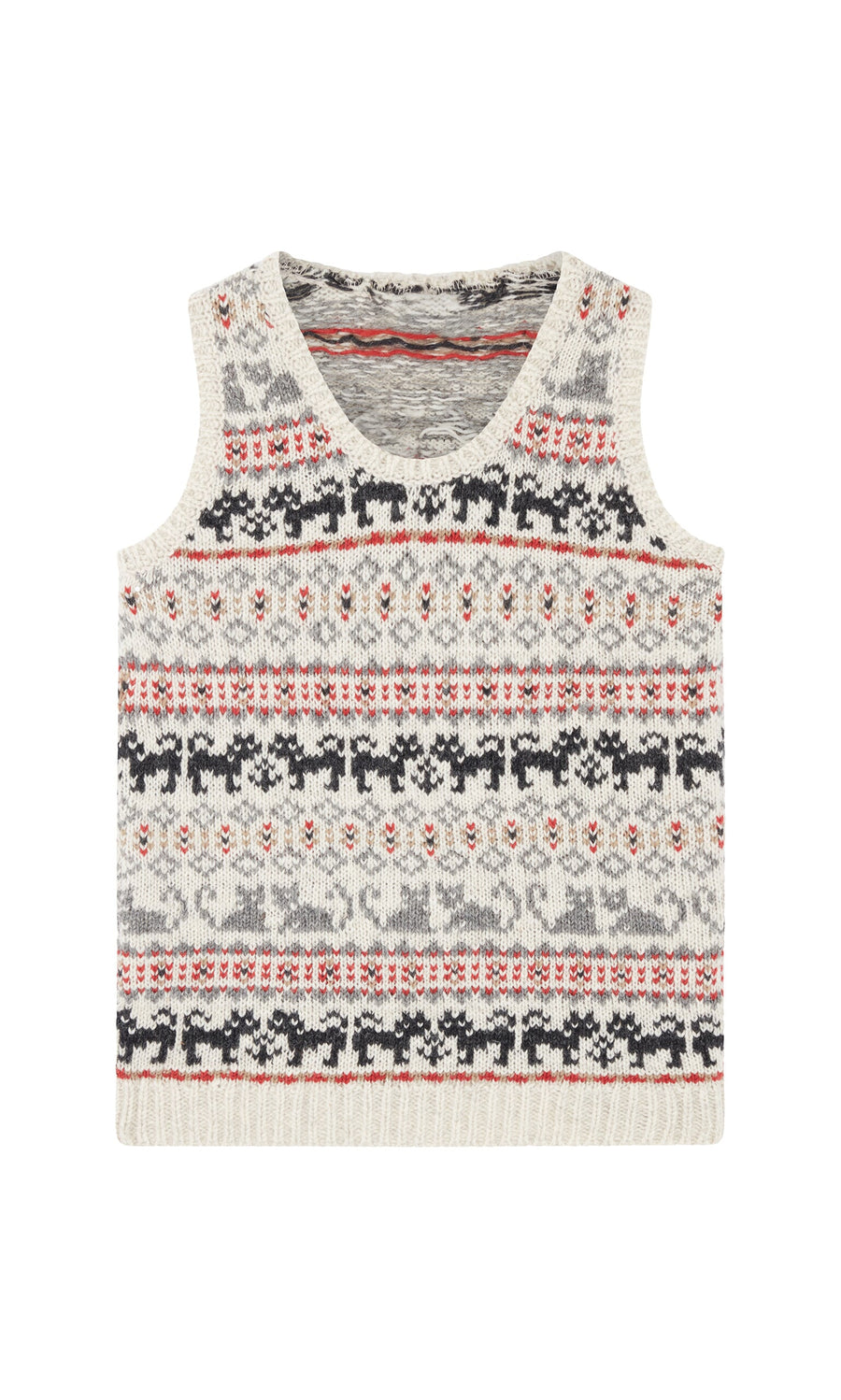 Plümo- Cat Tank Top, handknitted in Nepal with grey, red, and white animal patterns on a white background.