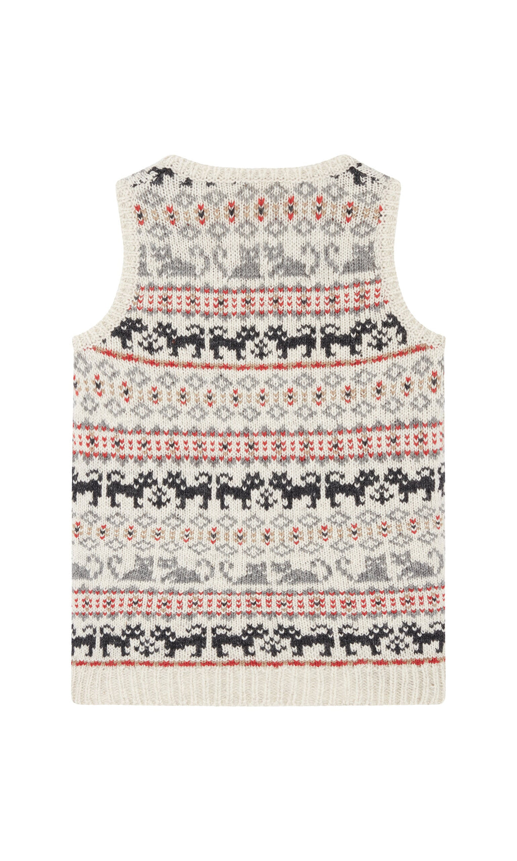 Plümo- Gray and cream Cat Tank Top with red, black, and gray reindeer and geometric patterns, handknitted in Nepal.