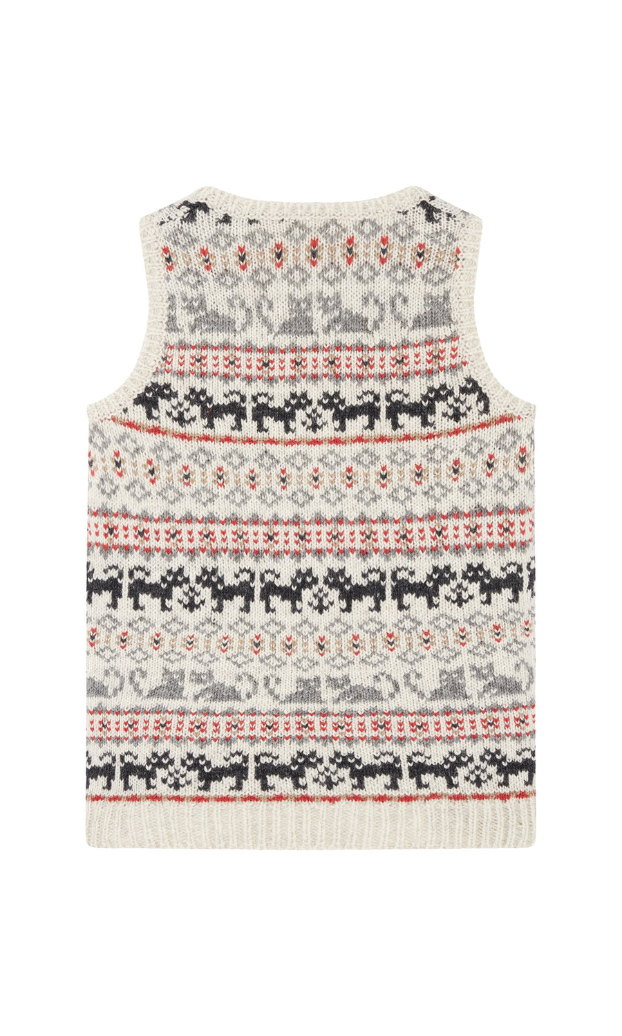 Plümo- Gray and cream Cat Tank Top with red, black, and gray reindeer and geometric patterns, handknitted in Nepal.