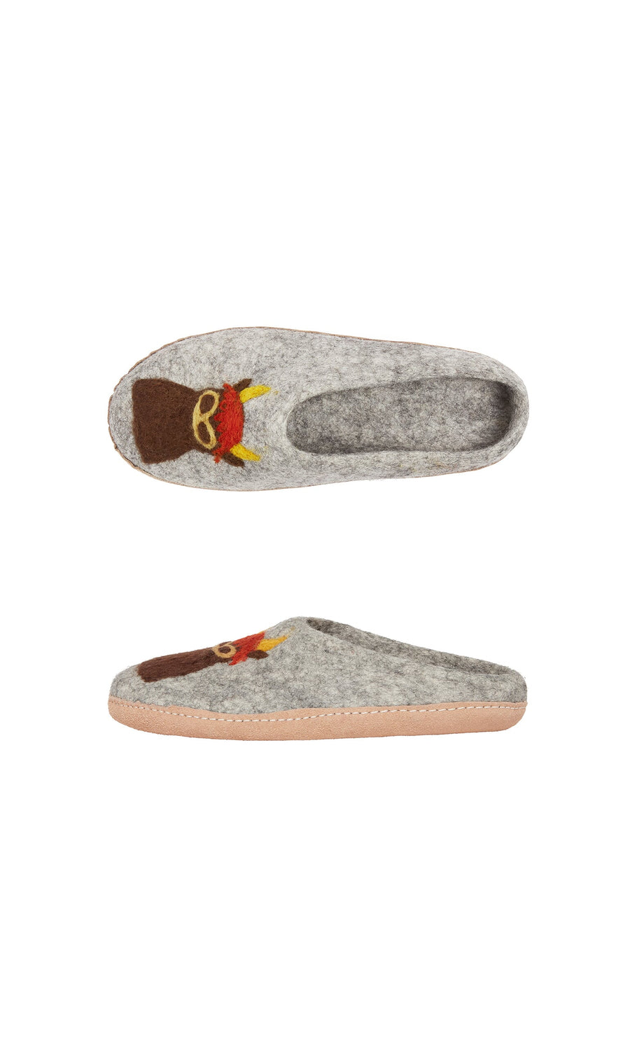 Plümo- Highland Slippers—gray, hand-felted, with a brown and yellow owl design; shown from above and side on white background.