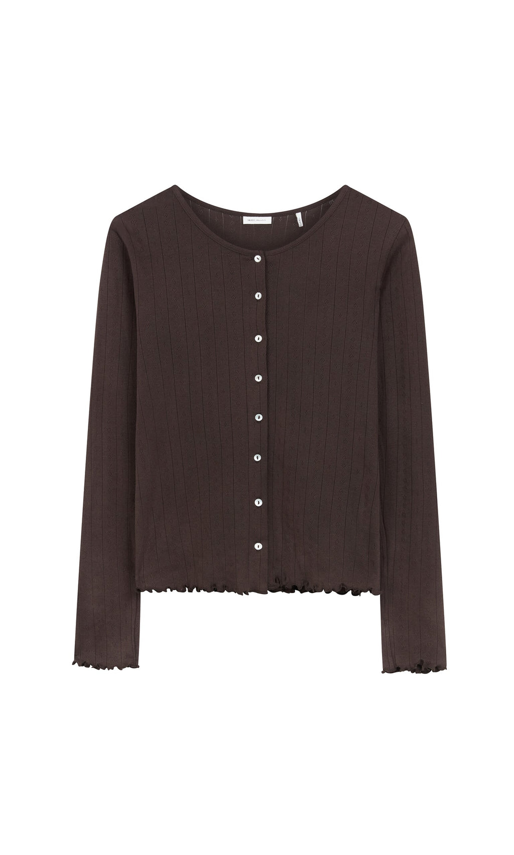 Plümo- Eddie Cardigan: long-sleeve, dark brown organic cotton with white buttons and ruffled hem and cuffs.