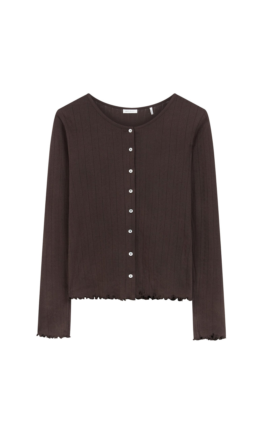 Plümo- Eddie Cardigan: long-sleeve, dark brown organic cotton with white buttons and ruffled hem and cuffs.