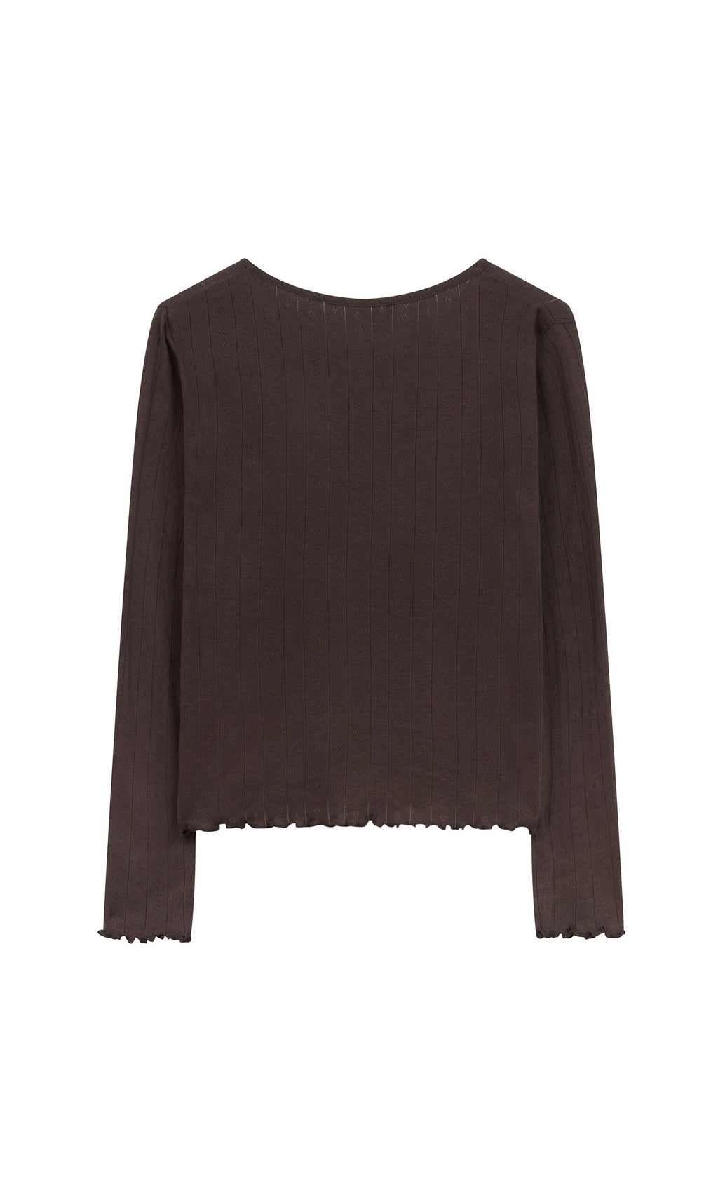 Plümo- The Eddie Cardigan is a dark brown, long-sleeve ribbed knit with a round neck and lettuce-edge hem in organic cotton.
