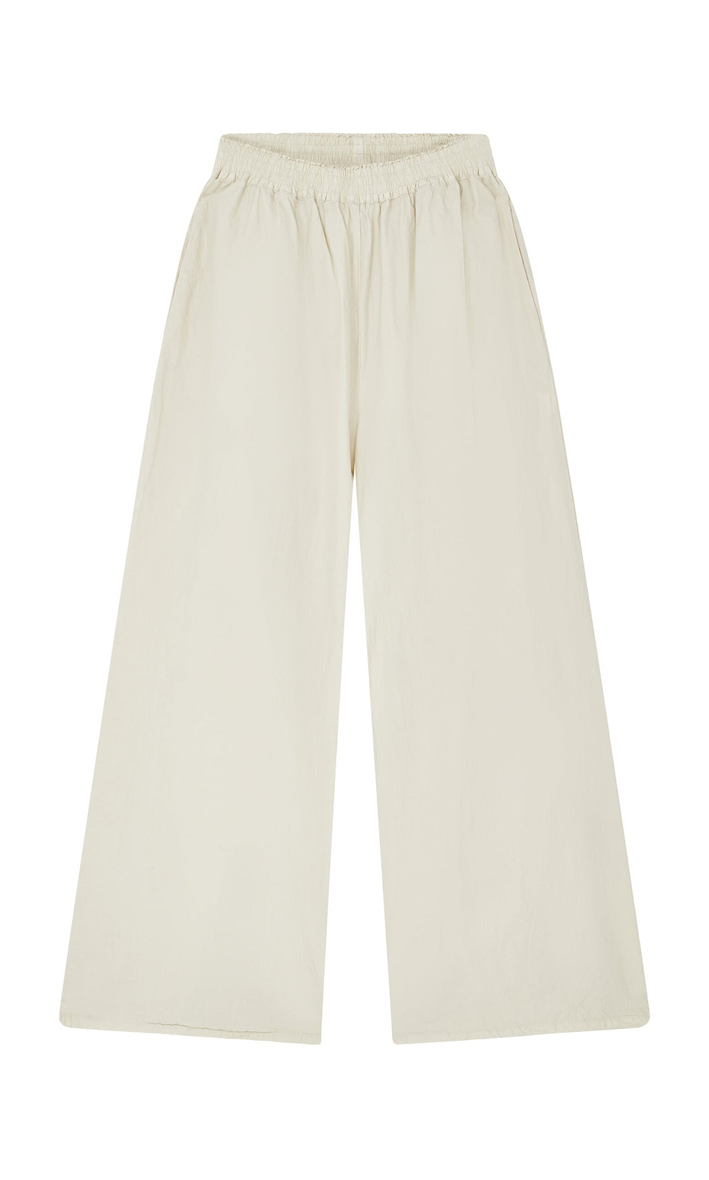 Plümo- Jung Pants: Wide-leg, high-waisted cotton pants with an elastic waistband, shown flat on a white background.
