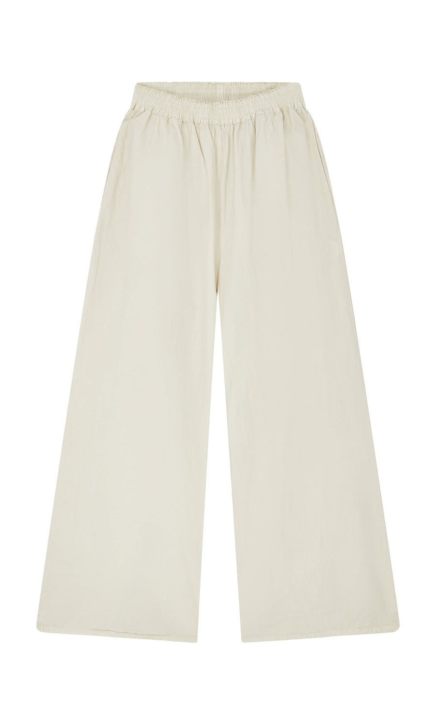 Plümo- Jung Pants: Wide-leg, high-waisted cotton pants with an elastic waistband, shown flat on a white background.