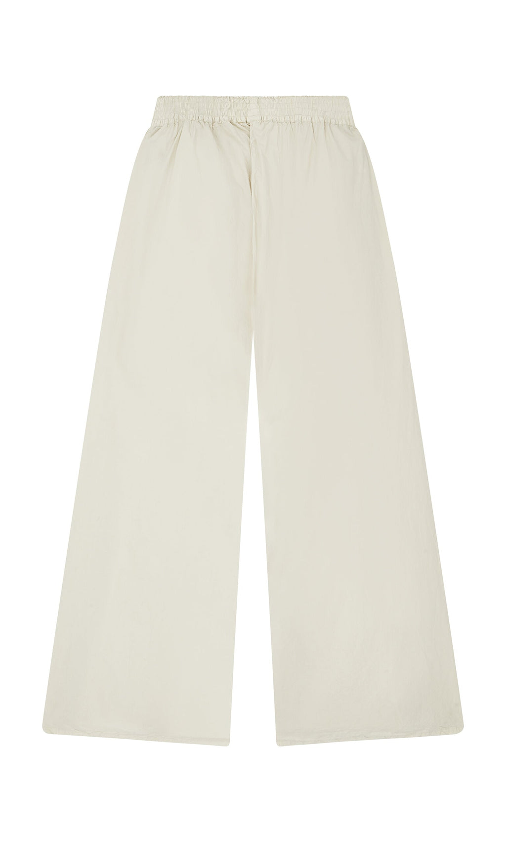 Plümo- Jung Pants—hand-dyed, wide-leg cream cotton with a high waist and elastic band, shown on a white background.