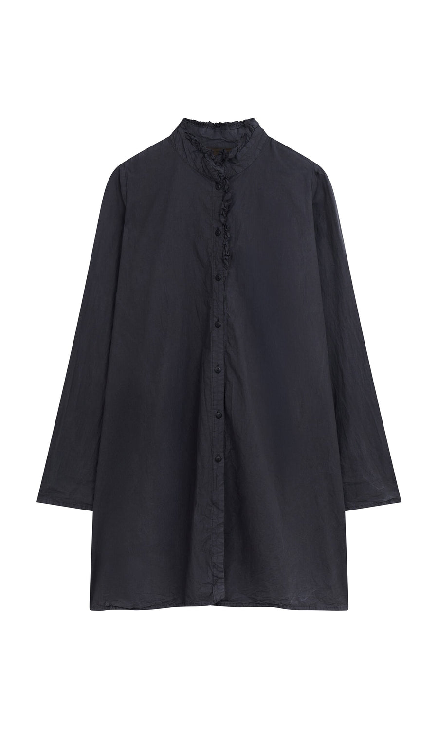 Plümo- Cockle Shirt: Black cotton shirt dress with long sleeves, mandarin collar, and subtle ruffle detail at the placket.