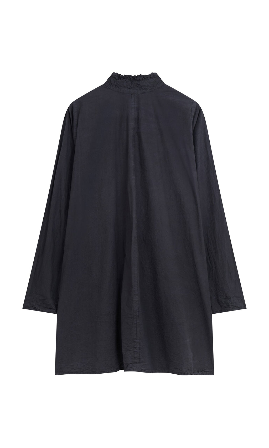 Plümo- Loose-fit black cotton Cockle Shirt with long sleeves and simple collar, shown from the back.