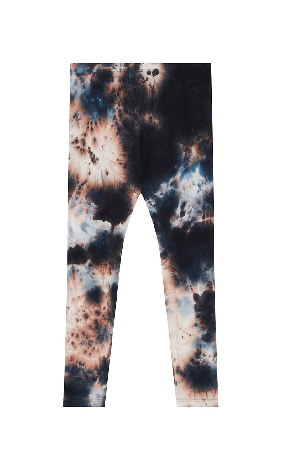 Plümo- Tie Dye Leggings: High-waisted, stretchy, black/blue/beige tie-dye pattern, shown on a white background.