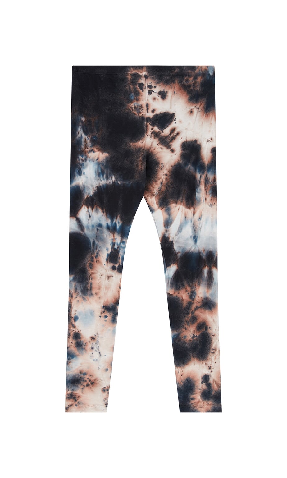 Plümo- Tie Dye Leggings in stretchy black, blue, and beige patterns laid flat on a white background.