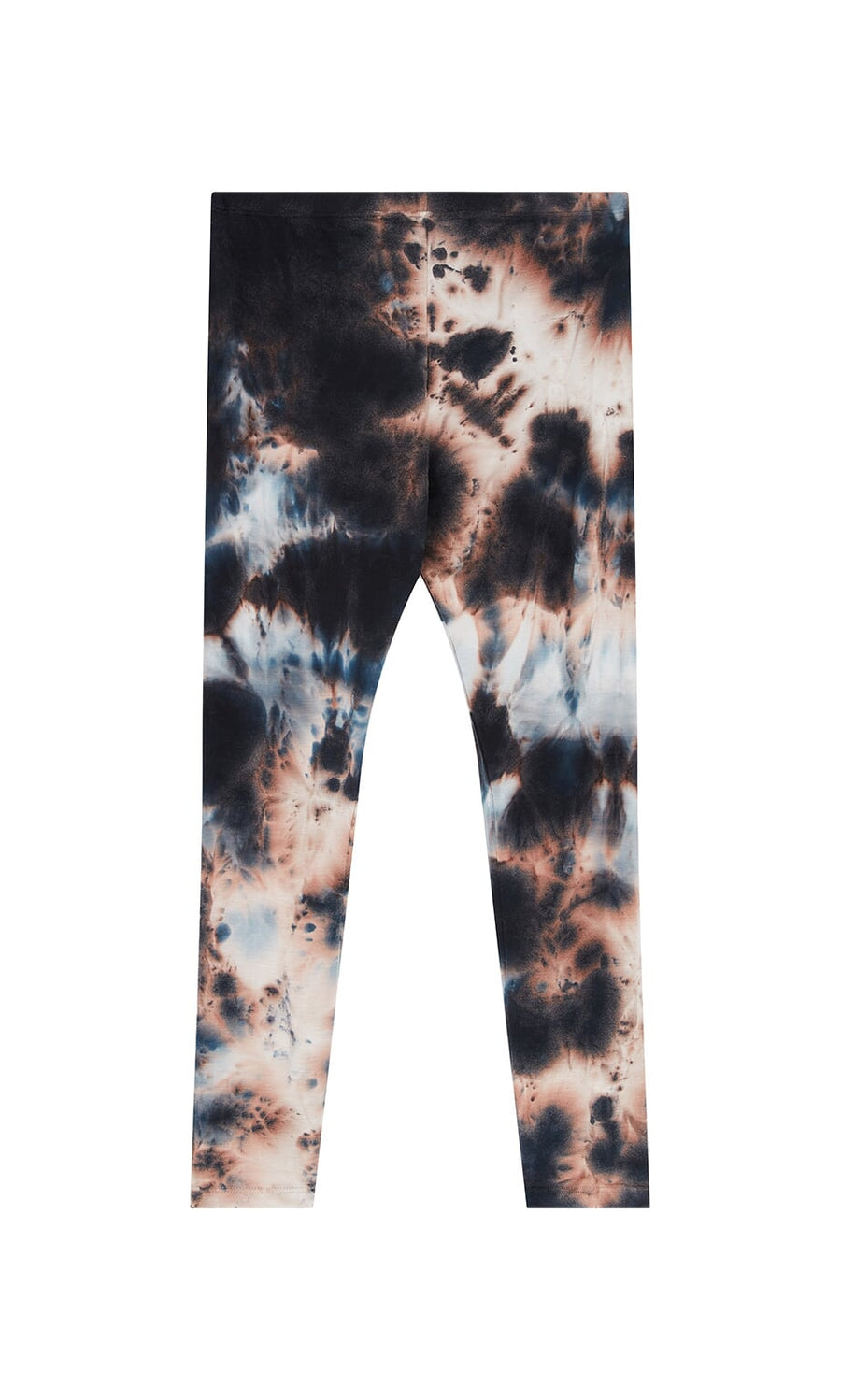 Plümo- Tie Dye Leggings in stretchy black, blue, and beige patterns laid flat on a white background.