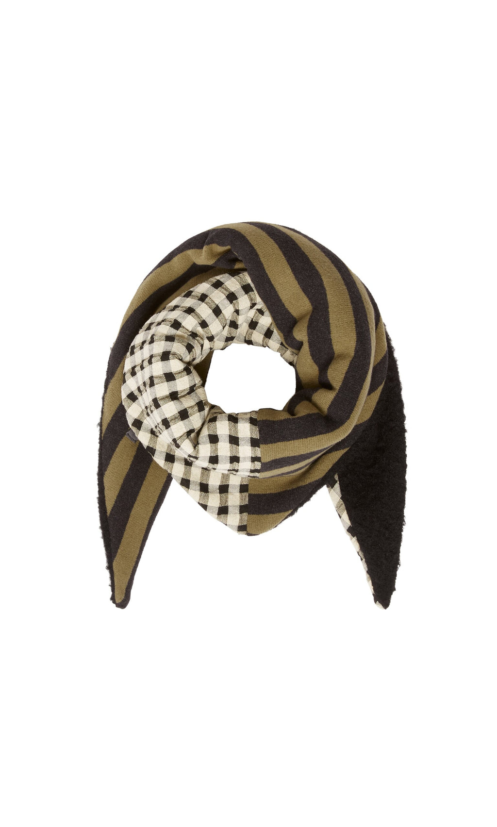 Plümo- The Gingham Patch Scarf features handcrafted wool with black and olive green stripes plus a checkered black-white pattern.