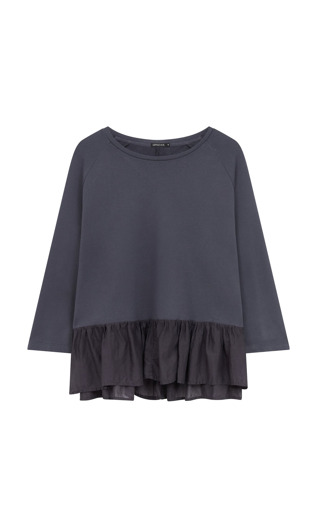 Plümo- Grey Ruffle Top in loopback cotton with a round neckline and peplum ruffles for stylish flair at the hem.