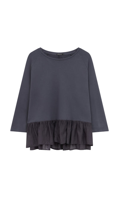 Plümo- Grey Ruffle Top in loopback cotton with a round neckline and peplum ruffles for stylish flair at the hem.
