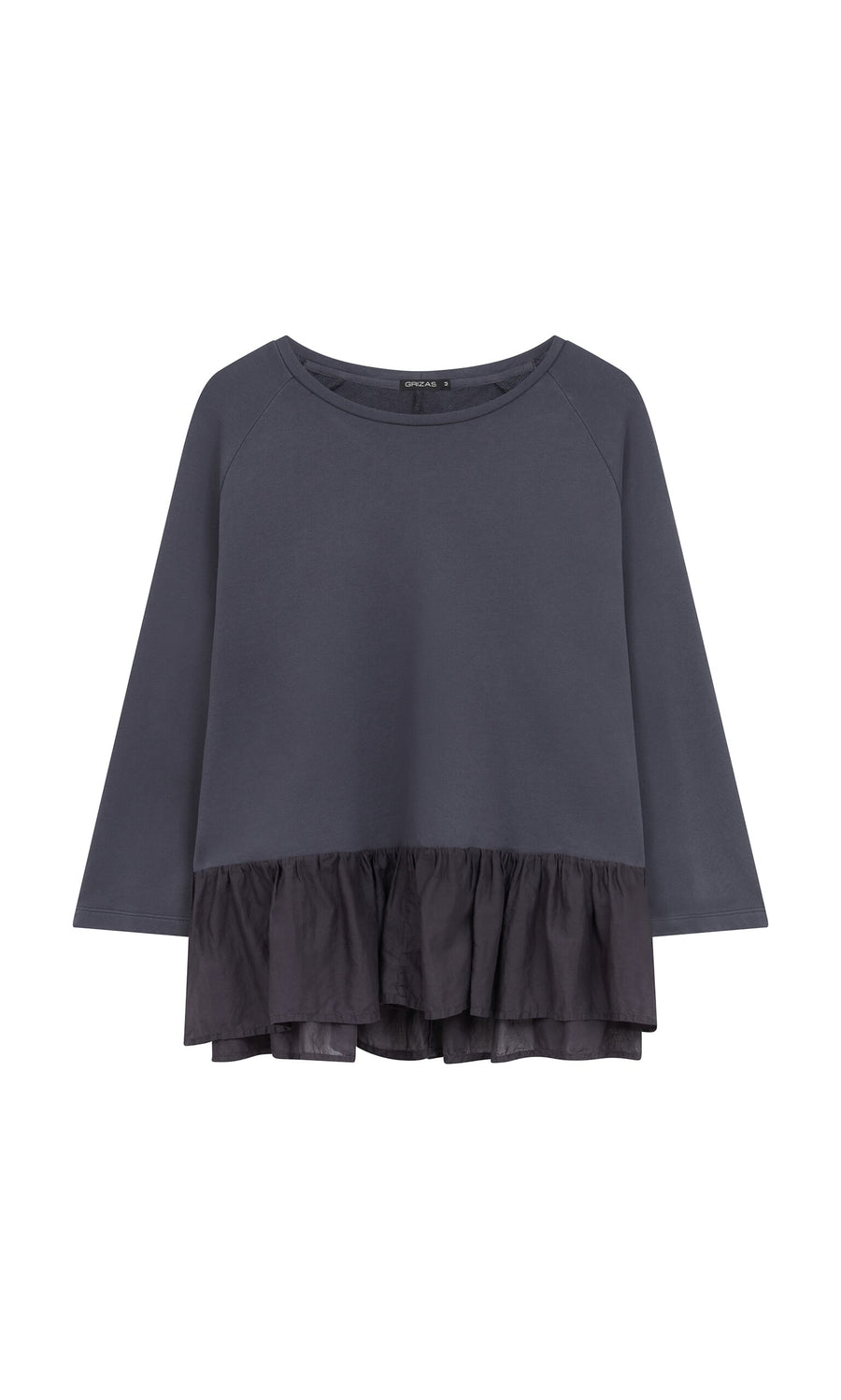 Plümo- Grey Ruffle Top in loopback cotton with a round neckline and peplum ruffles for stylish flair at the hem.