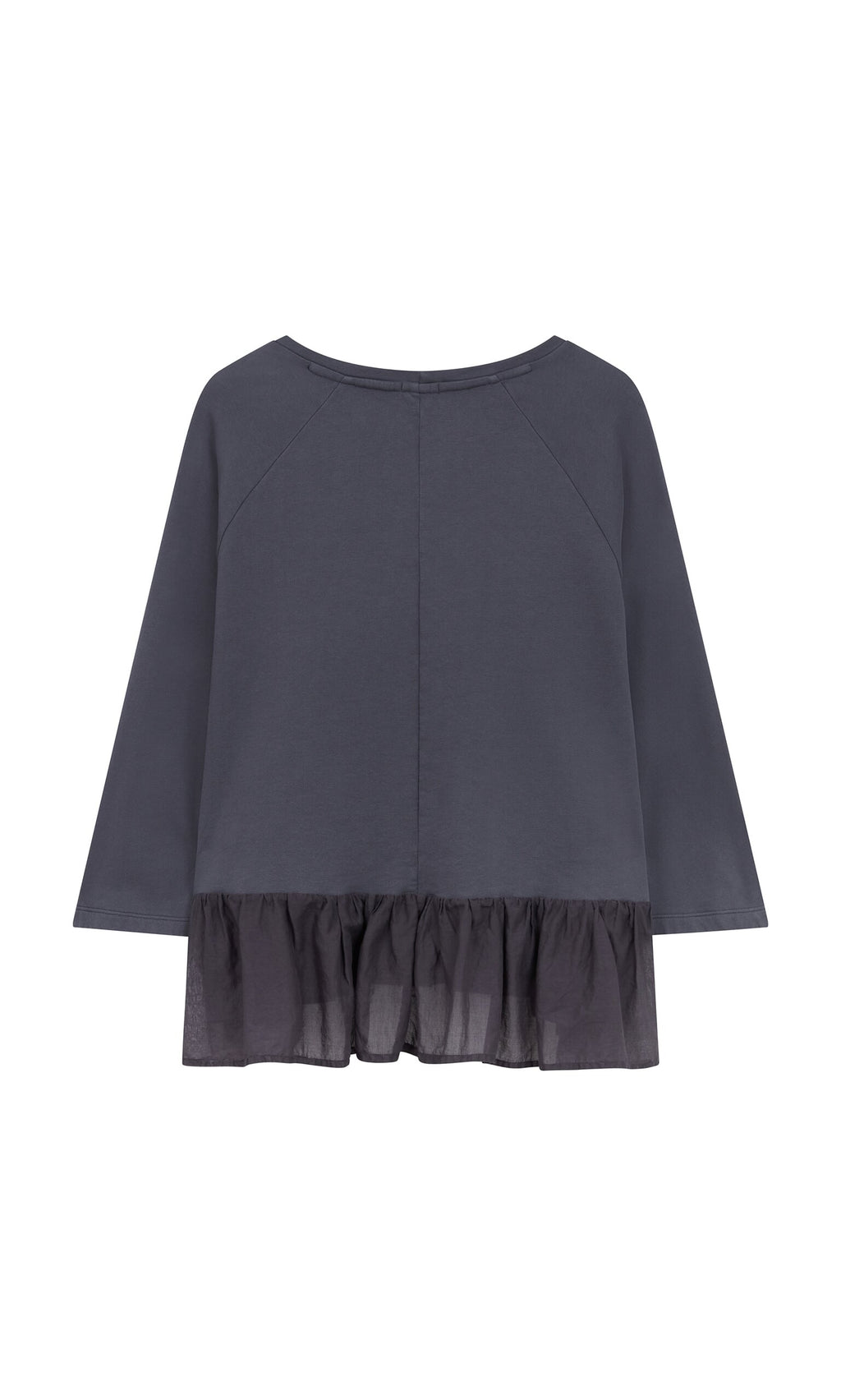 Plümo- Grey Ruffle Top with peplum ruffles and sheer hem, shown on a plain white background.
