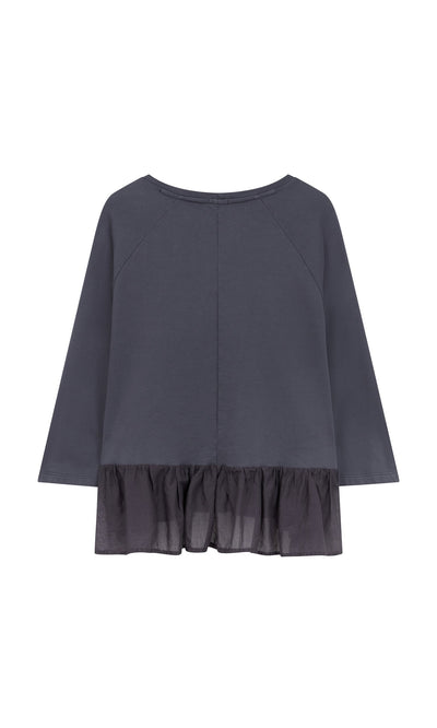 Plümo- Grey Ruffle Top with peplum ruffles and sheer hem, shown on a plain white background.