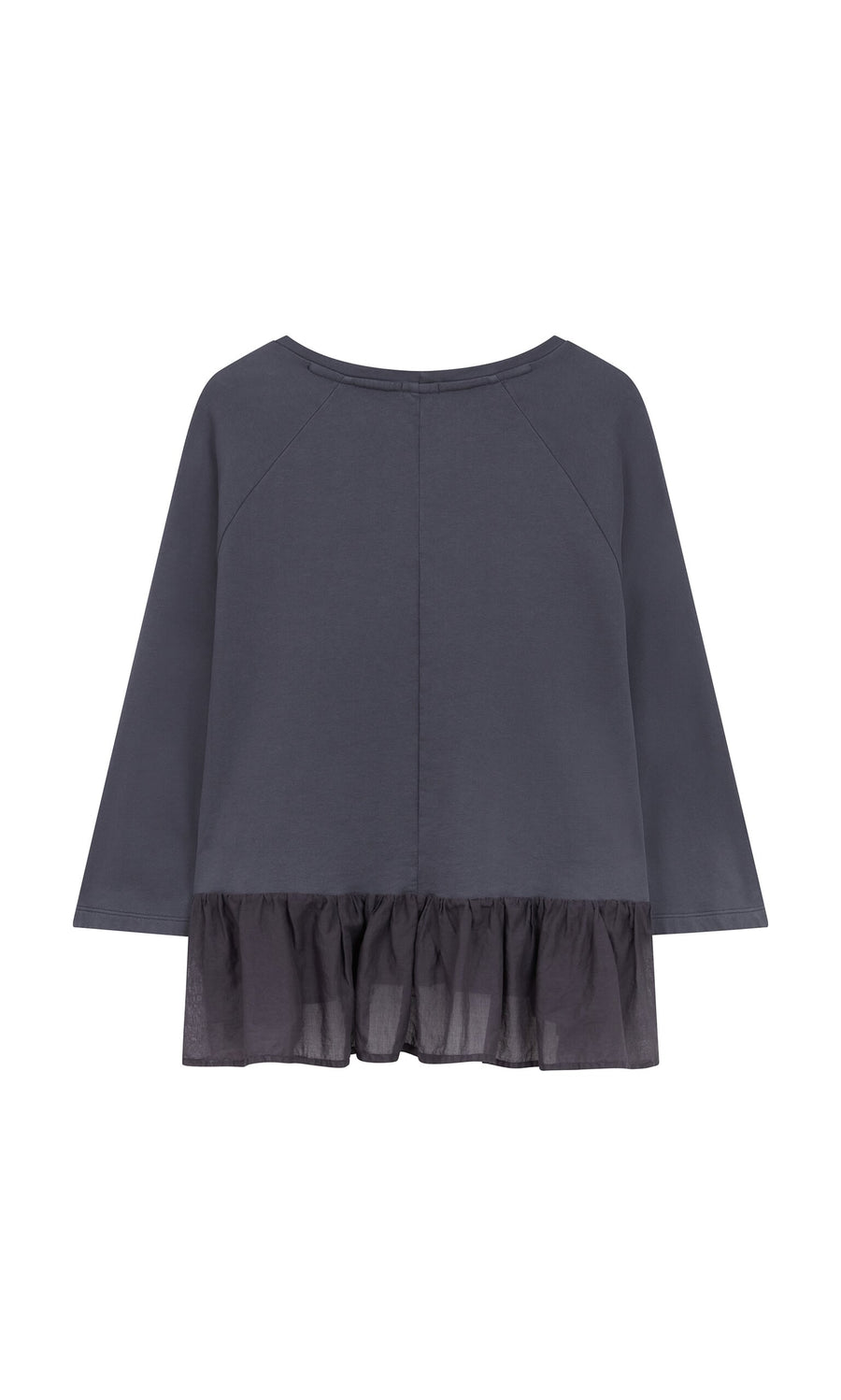 Plümo- Grey Ruffle Top with peplum ruffles and sheer hem, shown on a plain white background.