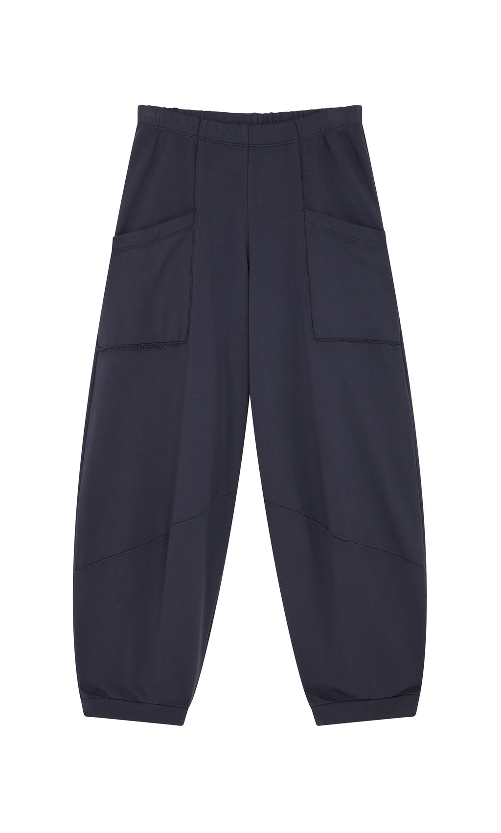 Plümo- Blue Barrel Pants with large front pockets, elastic waistband, and raw edge details, laid flat on white background.