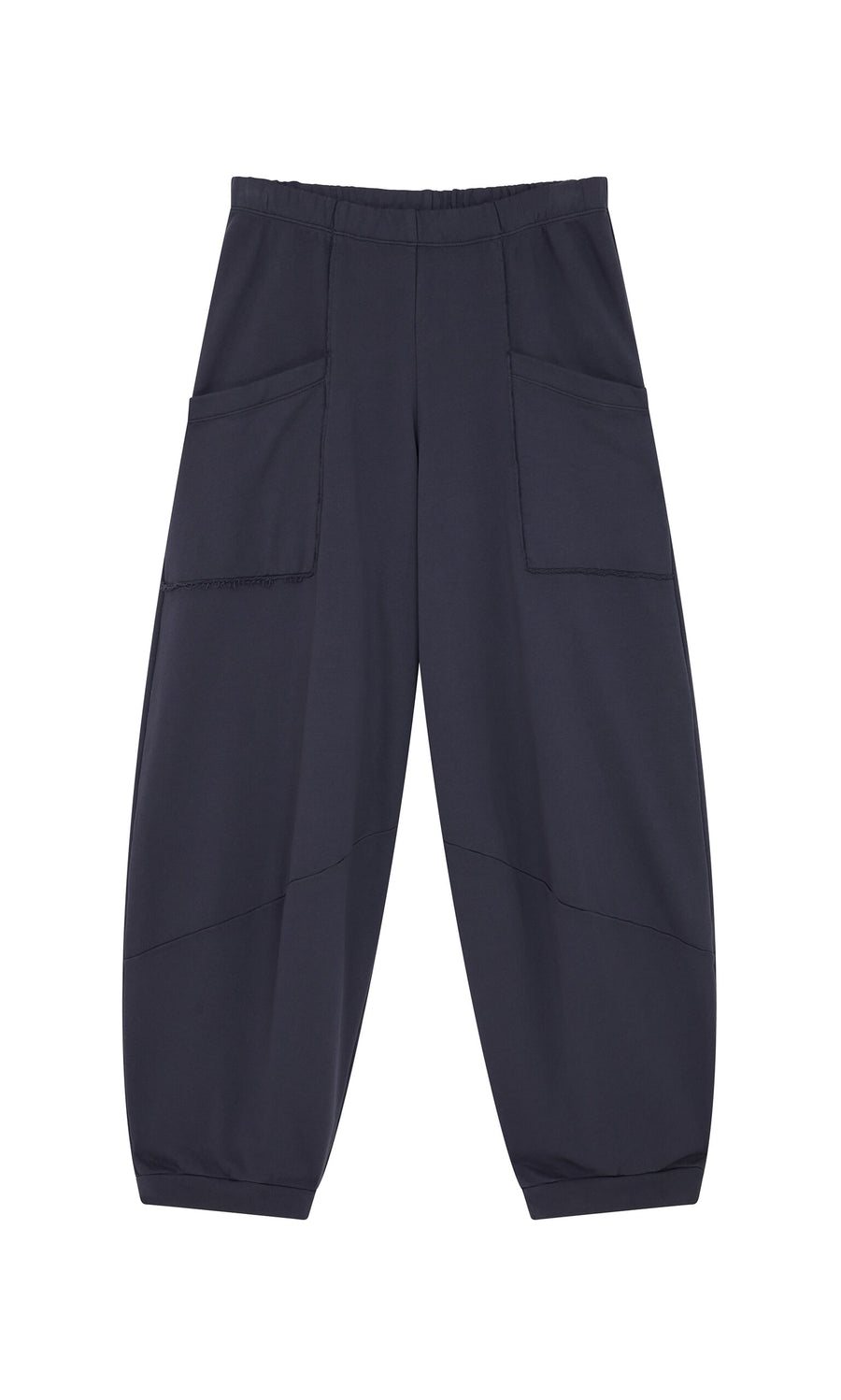 Plümo- Blue Barrel Pants with large front pockets, elastic waistband, and raw edge details, laid flat on white background.