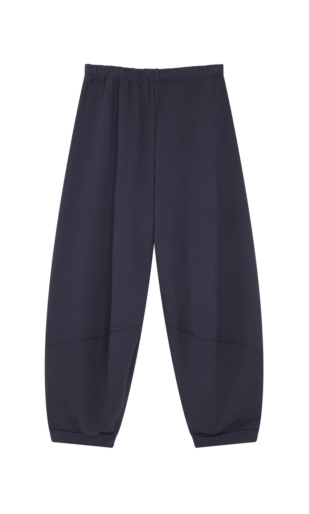 Plümo- Blue Barrel Pants with raw edge details, elastic waistband, and cuffs, shown laid flat on a white background.