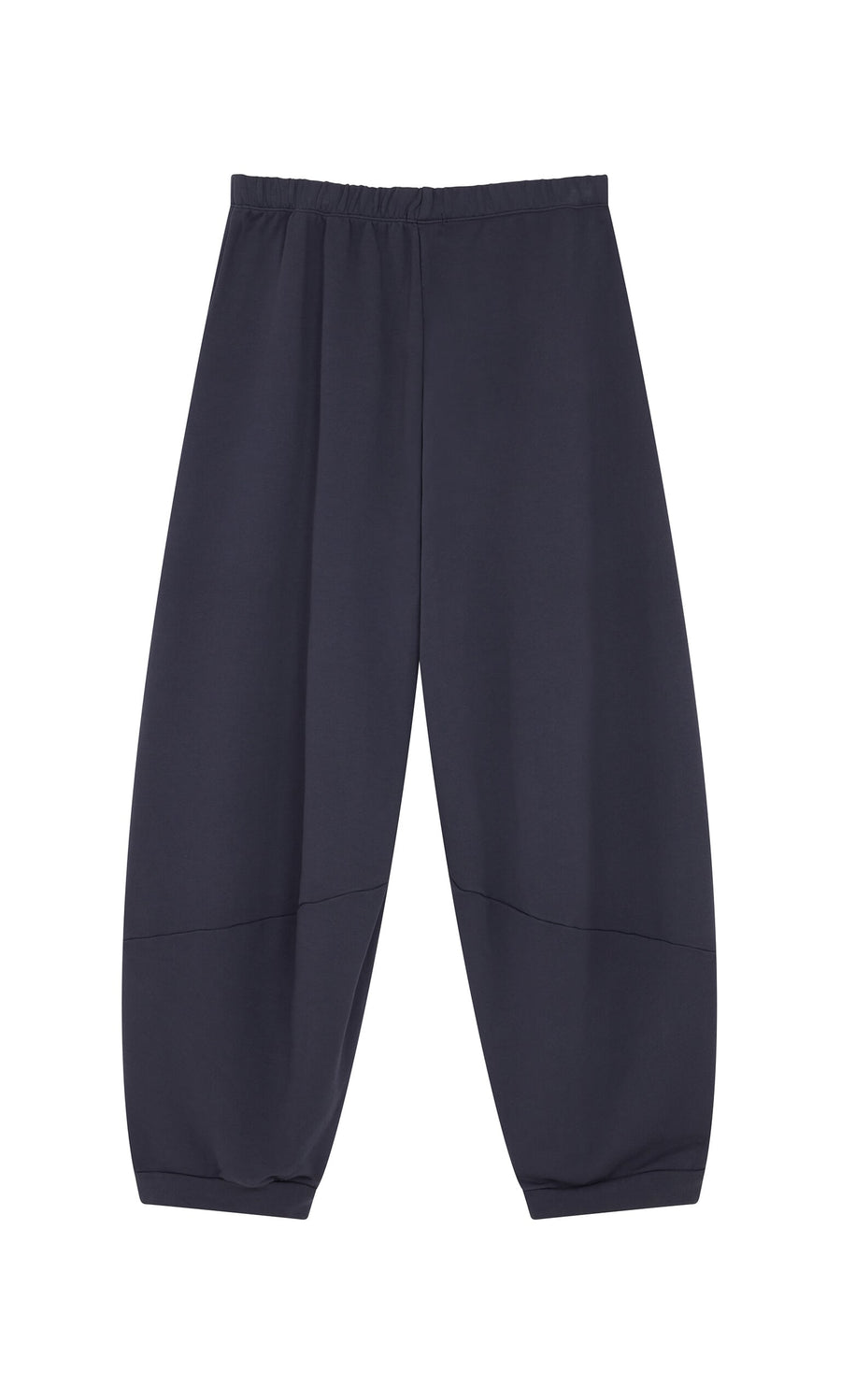 Plümo- Blue Barrel Pants with raw edge details, elastic waistband, and cuffs, shown laid flat on a white background.