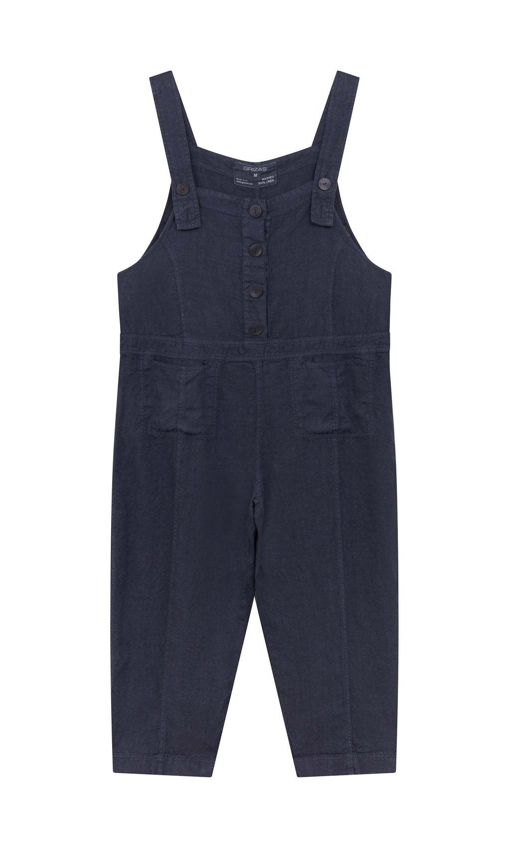 Plümo- Hosie Linen Jumpsuit: sleeveless, dark indigo, oversized with buttons and two large front pockets on a white background.