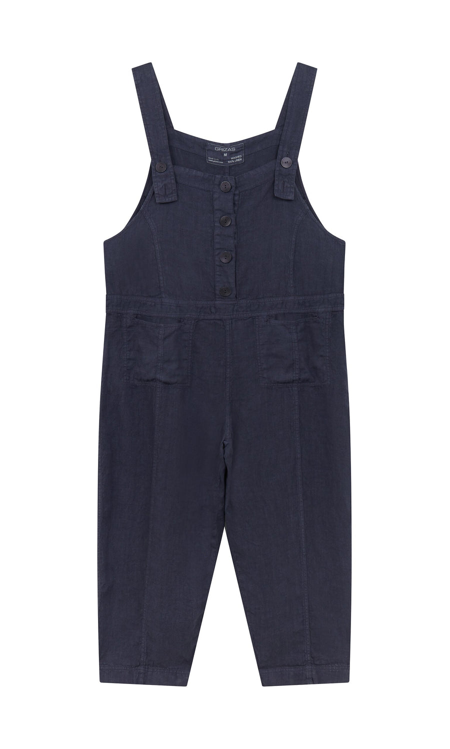 Plümo- Hosie Linen Jumpsuit: sleeveless, dark indigo, oversized with buttons and two large front pockets on a white background.