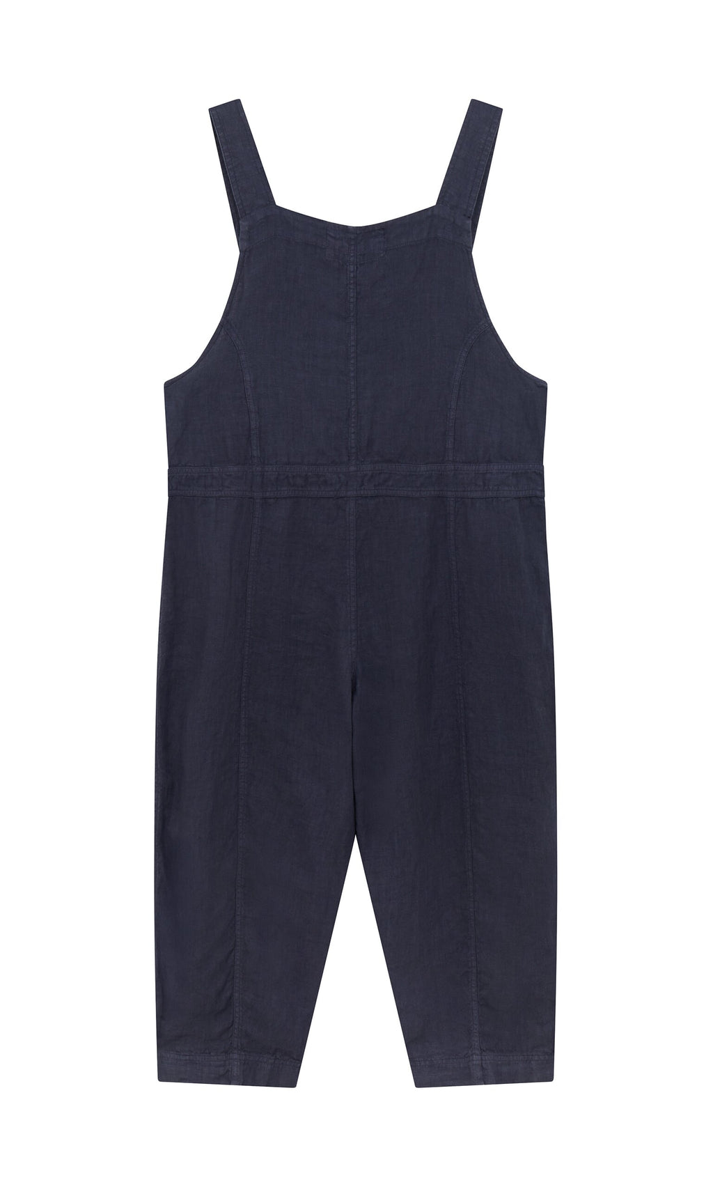 Plümo- Hosie Linen Jumpsuit in navy blue, sleeveless with wide legs and thick straps, displayed flat on a white background.
