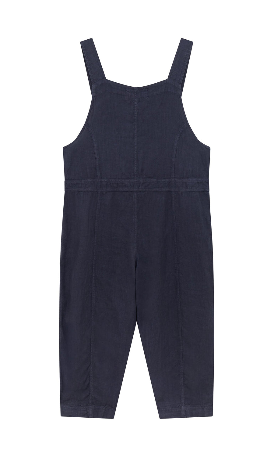 Plümo- Hosie Linen Jumpsuit in navy blue, sleeveless with wide legs and thick straps, displayed flat on a white background.