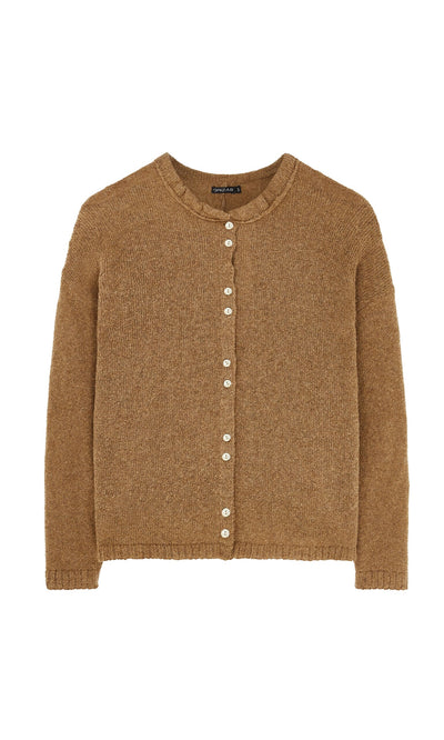 Plümo- Rutland Cardigan: brown wool, ultra-soft, long sleeves, rib-knit cuffs, white buttons, laid flat on white background.