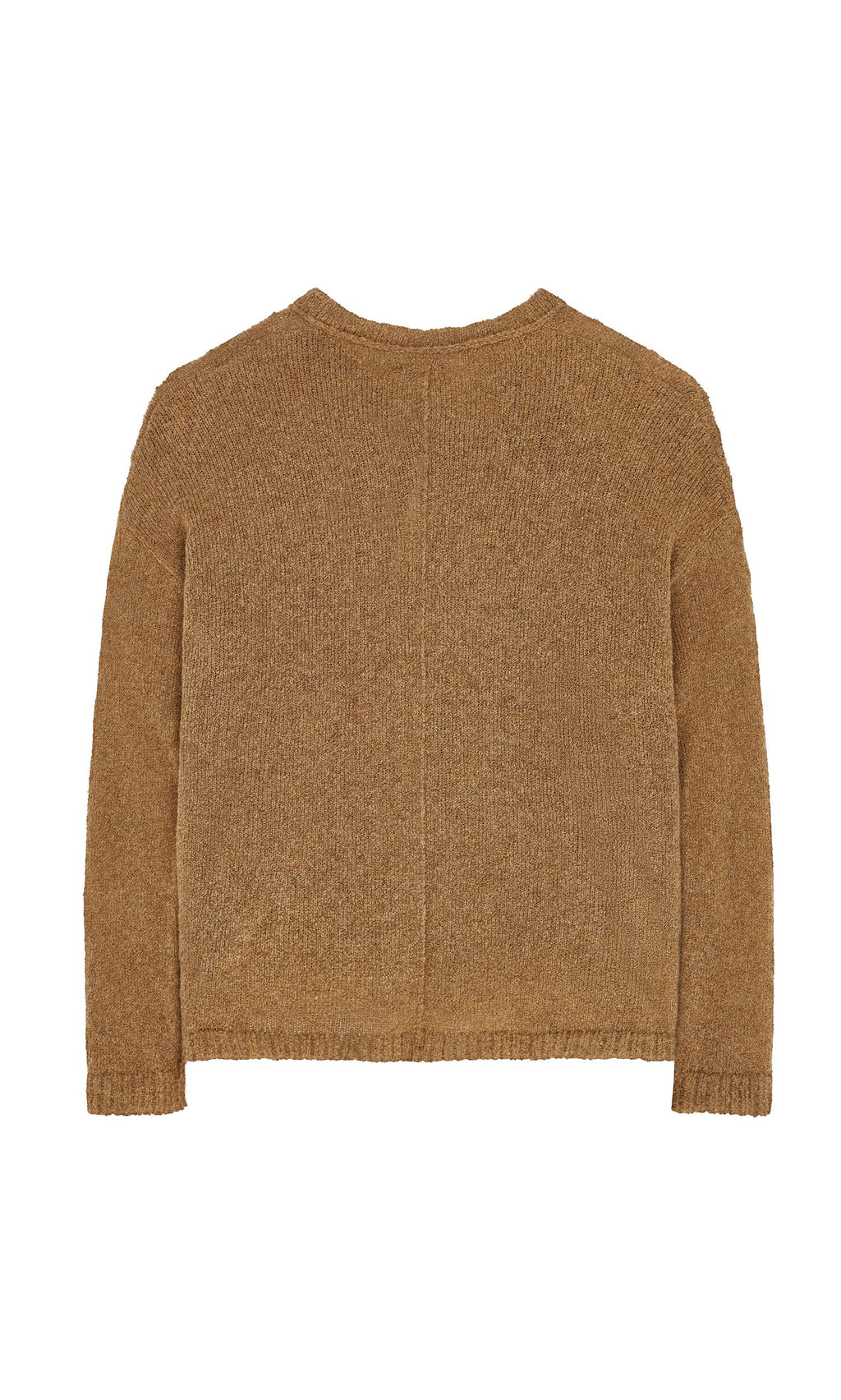 Plümo- Rutland Cardigan in brown, long sleeves, rib-knit cuffs, textured knit, and straight hem shown from the back.