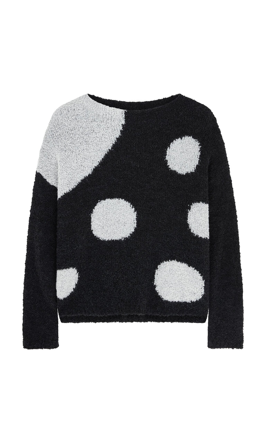 Plümo- Antra Spot Jumper: black fleece sweater with large white polka dots and a white left shoulder panel.