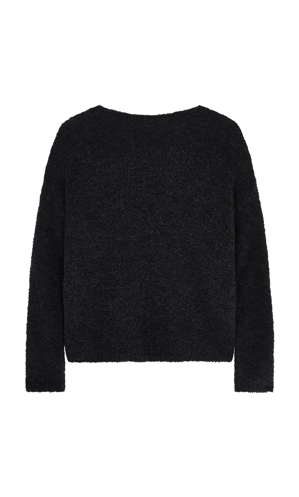 Plümo- Antra Spot Jumper in black, long-sleeve lightweight knit, shown flat with back view on a white background.