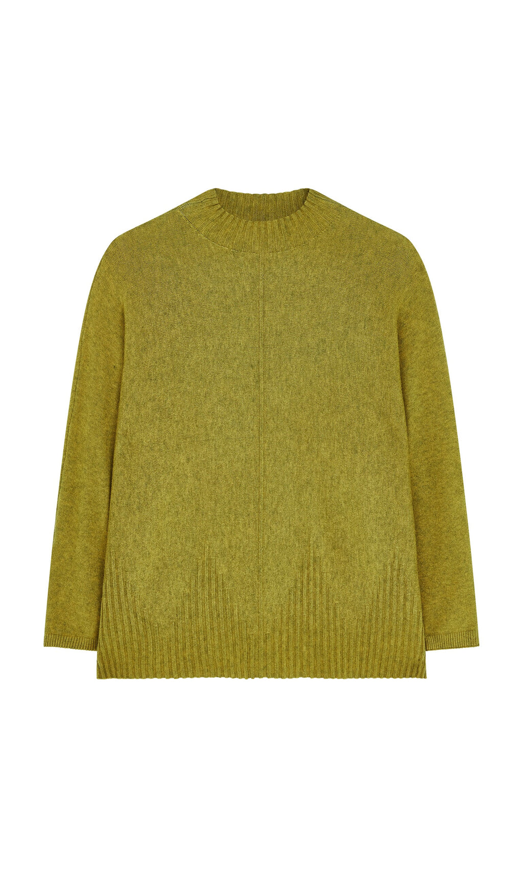 Plümo- Wild Millet Jumper: olive green marled crew neck sweater with ribbed hem, ideal for layering, shown flat on white background.