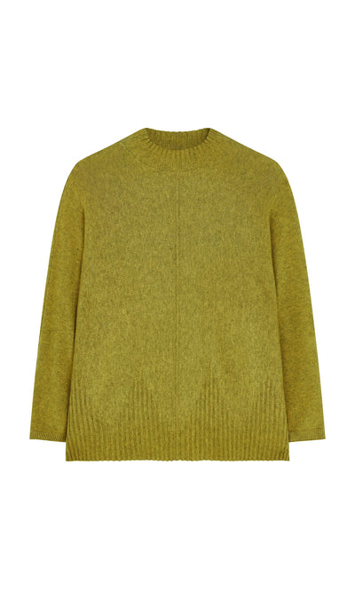 Plümo- Wild Millet Jumper: olive green marled crew neck sweater with ribbed hem, ideal for layering, shown flat on white background.
