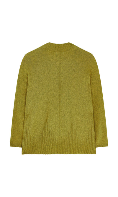 Plümo- Wild Millet Jumper in olive green, long sleeves, shown flat from the back with ribbed hem and cuffs.