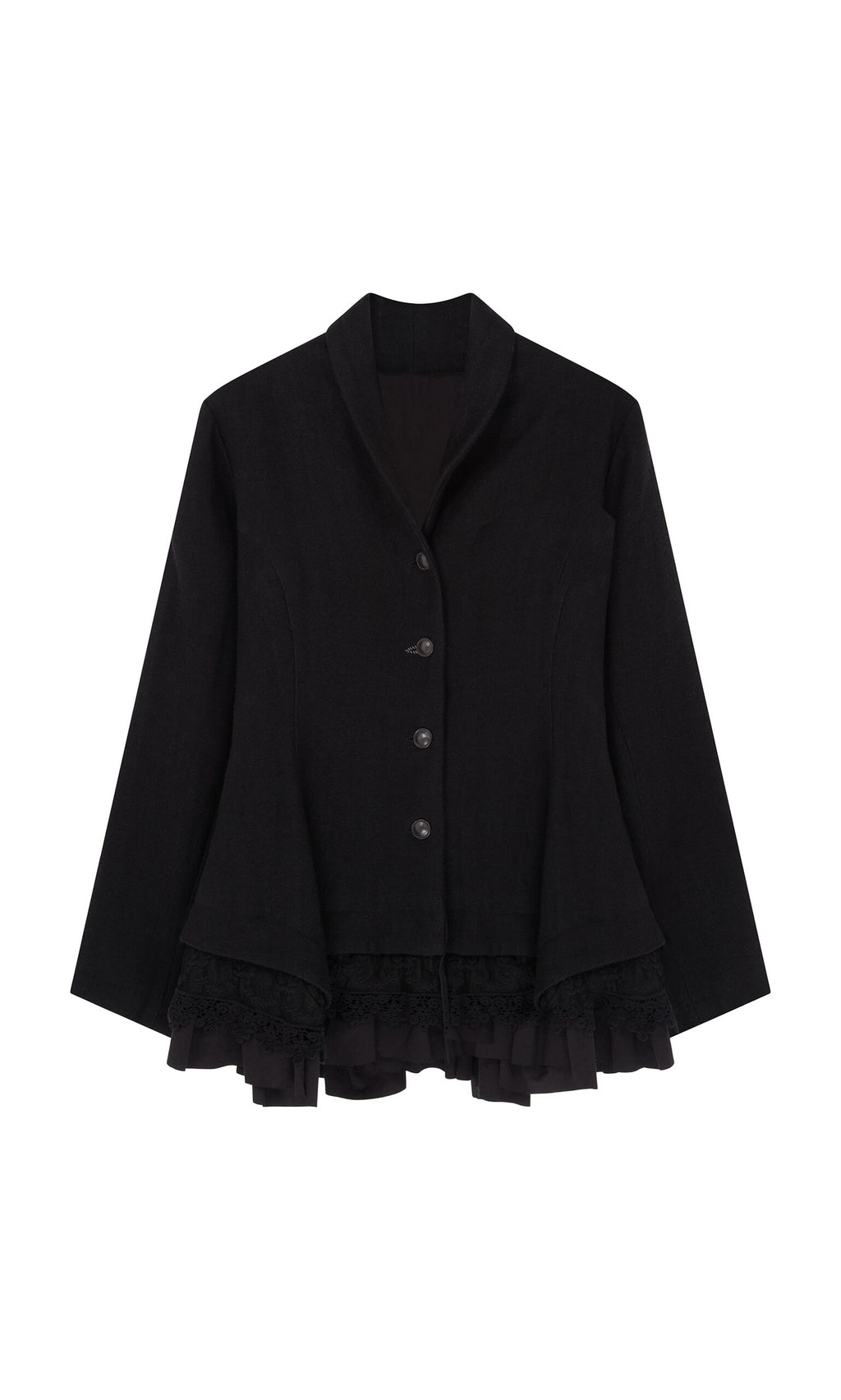 Plümo- Cara Riding Jacket—black fitted blazer with buttons, flared hem, and lace ruffle details on a white background.