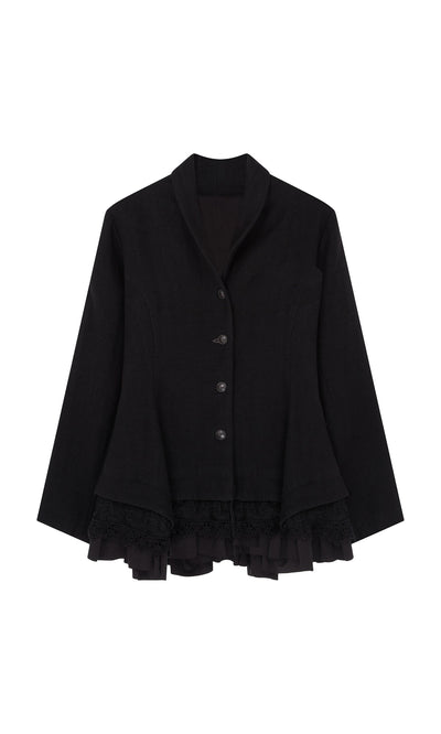 Plümo- Cara Riding Jacket—black fitted blazer with buttons, flared hem, and lace ruffle details on a white background.