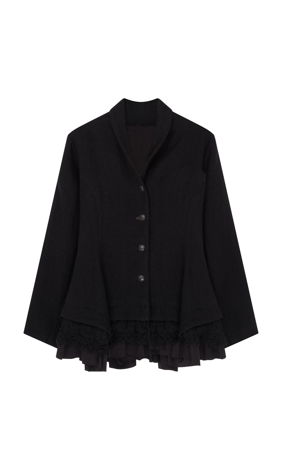 Plümo- Cara Riding Jacket—black fitted blazer with buttons, flared hem, and lace ruffle details on a white background.